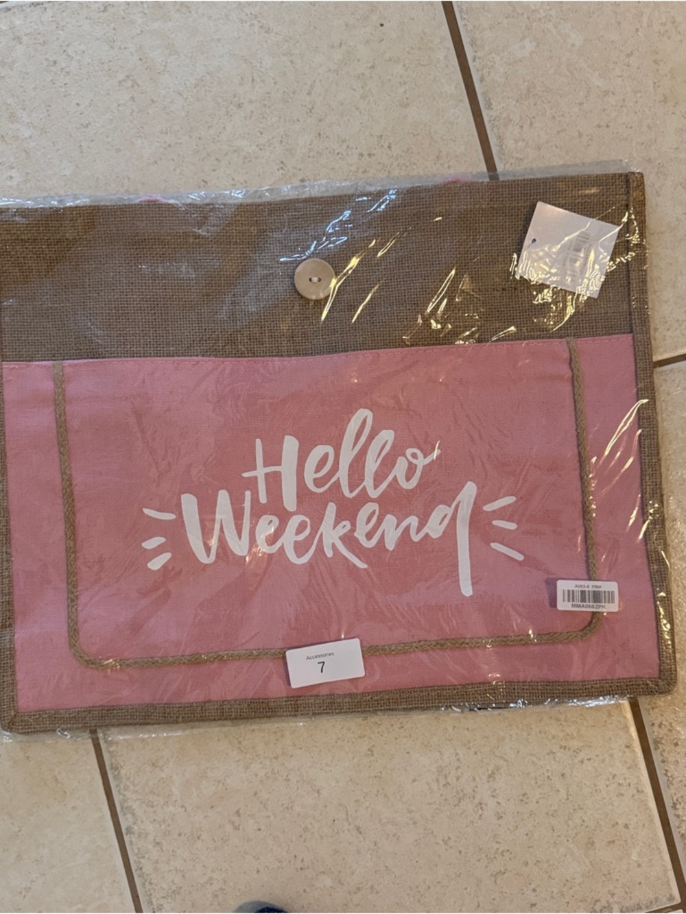 Hello Weekend Pink Burlap Tote Bag